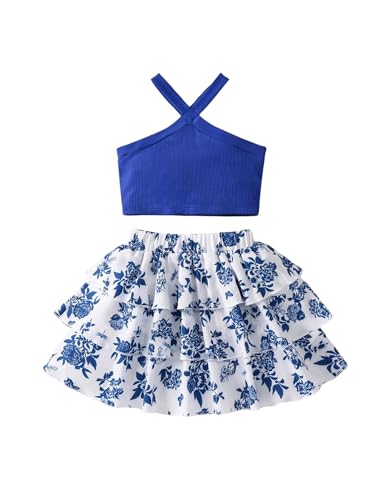 Image of Floerns Girl's 2 Piece Outfit Rib Knit Cami Top and Tiered Layered Skirt Set