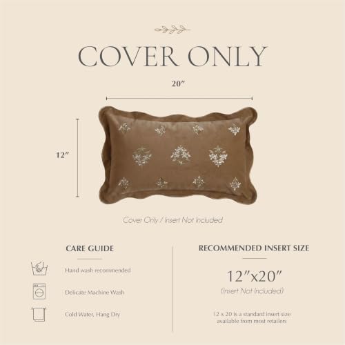 BlissBlush Lumbar Pillow Cover 12x20, Brown Velvet Decorative Lumbar Pillow Cover, Floral Accent Cushion Cover with Embroidery and Scalloped Edge for Couch Sofa Bed, Cover ONLY - image 6