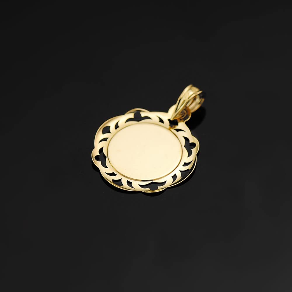 Virgen Niña medalla oro 18k Primera Comunión colgante 20mm. cerco calado brillo