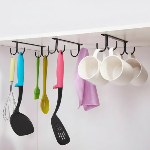 Image of Under Cabinet Mug Rack - 8 Hook Coffee Cup Holder, Under Shelf Hanging Mug Organizer for Kitchen, Bar & Utensils, Space Saving Metal Rack (Black)