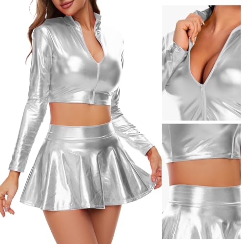 Kepblom Women's Metallic Crop Top Long Sleeve Mock Neck Turtleneck Holographic Zip Up Blouses2