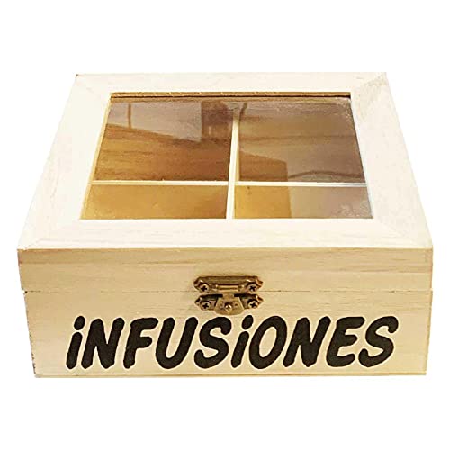 Acan Caja de Madera infusiones con 4 Compartimentos 6.4 x 15.8 x 14 cm. Caja, Cofre para Decorar con Tapa, almacenaje té, café