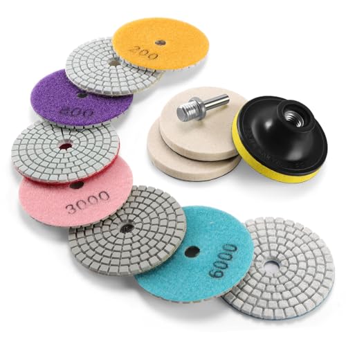 3 Inch Diamond Polishing Pads with M14 Backer Pad, 12PCS Wet/Dry Granite Stone Polish Pad Kit for Drill, Grinder, Polisher, 50-6000 Grit Diamond Sanding Pad for Concrete Marble Rock