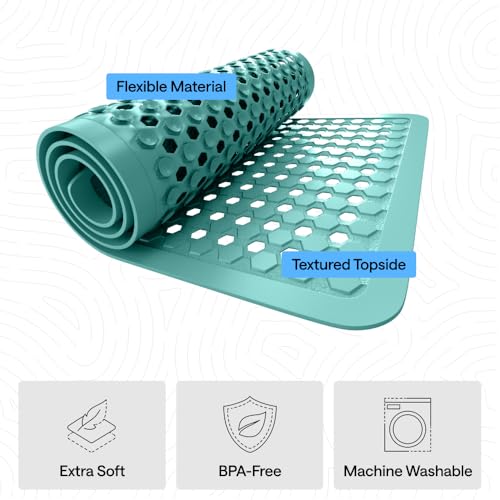 Image of GORILLA GRIP Patented Bath Tub Shower Mat, Machine Washable Bathtub Floor Liner Mats, Suction Cups and Drain Holes to Keep Tubs Clean, Soft on Feet, Bathroom Essentials, 35x16 Inch, Turquoise Opaque