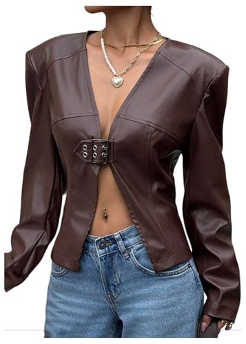 MakeMeChic - MakeMeChic Women's PU Leather Jacket V Neck Long Sleeve Coats Fall Outerwear with Belt Brown Medium