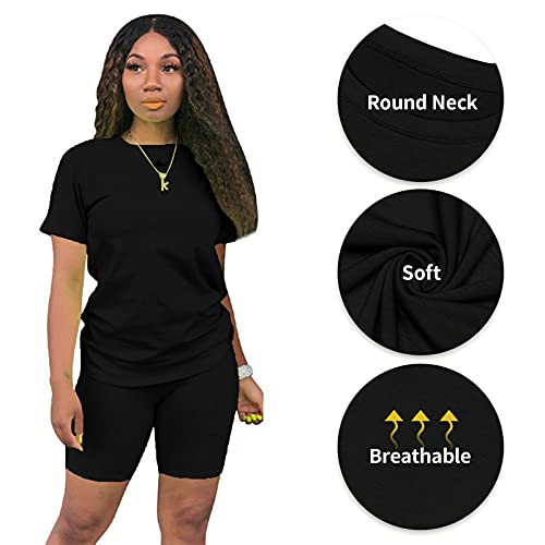 Aomoni Women Two Piece Outfits Tracksuit Summer Plus Size Short Set Casual Short Sleeve T-Shirt Black Large #TOP3