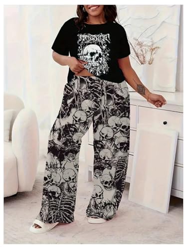 Verdusa Women's Plus Size 2 Piece Skull Graphic Pajama Set Gothic Short Sleeve Tee Top and Pants Loungewear3