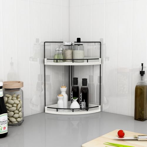 Image of Dorhors 2-Tier Rustic White Corner Bathroom Shelf