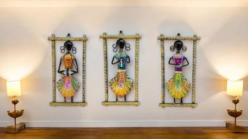 Image of SHREE 'O' GREEN TECH - Multicolor Metal Iron Musician Wall Hanging Showpiece Frame Handcrafted Rajasthani Lady Figurine Decorative Wall Mount Art for Home, Living Room Office Decor