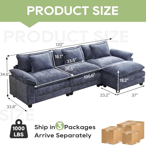 Image of Oprisen 120 inch Modular Sectional Sofa, Comfy Cloud Couch Sectional Sofa with Ottoman, Chenille Sofa Sleeper Deep Seat Sofa with Throw Pillows for Living Room (Blue, 120 inch- L Shape)