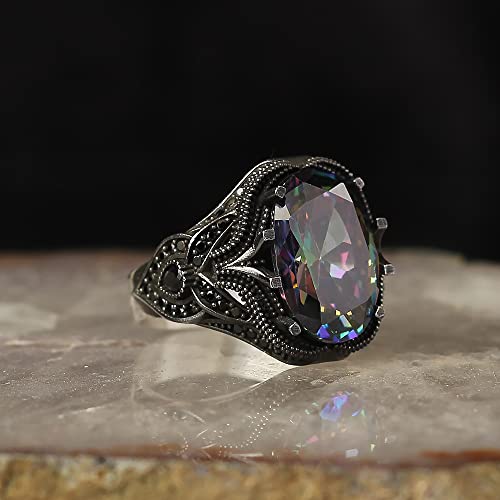 925 Sterling Silver Mens Ring With Mystic Topaz Gem Stone, Handmade Men Silver Ring With Micro Zircon Stone, Turkish Silver Ring, Gift For Men #TOP1