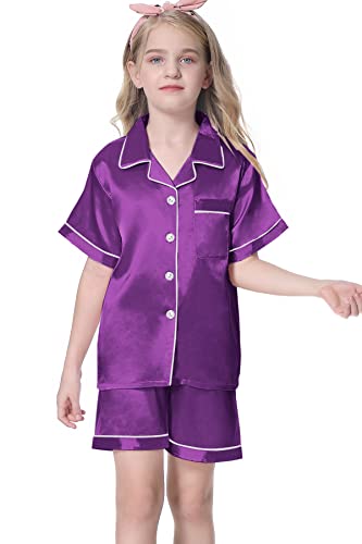 Umeyda Girls Satin Pajamas Set, PJS Short Sleeve Button-Down Top + Shorts Sleepwear Loungewear 2 Pieces Pajamas Set for Little & Big Girls, Purple, 11-12 Years