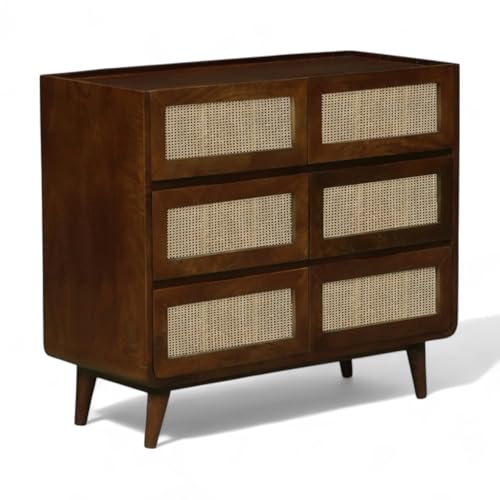 Image of Solid Wood & Cane Concerto Chest of Drawers | 6-Drawer Wooden Storage Dresser | Walnut Brown Finish