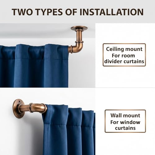 Brass Industrial Pipe Curtain Rod 18 to 120 Inch,1 Inch Diameter Adjustable Wrap Around Curtain Rod,Metal Window Treatment Rods,Ideal as Your Kitchen,Bedroom,Outdoor Patio Etc - image 3