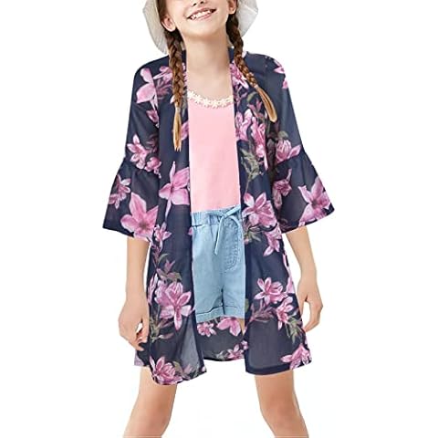 GORLYA Girl's Floral Print Chiffon Beach Cardigan Cover ups Kids Casual Kimono Capes Swimsuit Wraps, Navy Print, 14 Years Cover