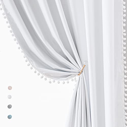 Image of Treatmentex White Blackout Curtains for Living Room Bedroom 84inch Long Pom Pom Curtain Panels for Windows Thermal Insulated Curtains for Kids Nursery Room Rod Pocket 52 inch W x 2pcs