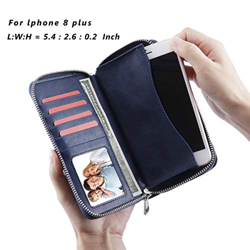 Cellphone Wallet for Women Dual Zipper Long Purse with Removable Wristlet, Blue Floral