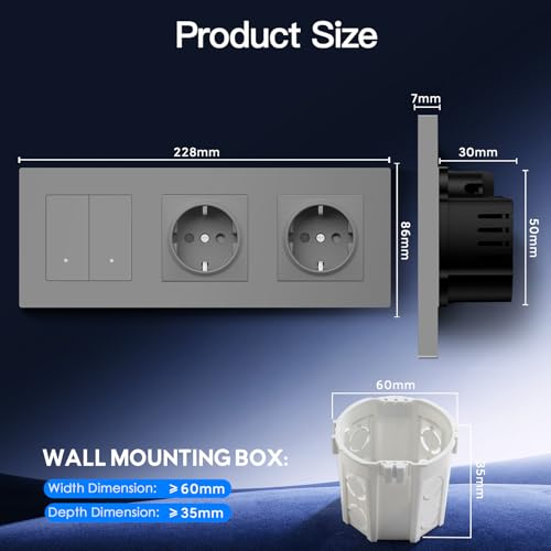 BSEED Smart Zigbee Lichtschalter mit Normal Doppelt Steckdose, Lichtschalter Unterputz mit PC Rahmen, 2 Fach 1 Weg, kompatibel mit Alexa/Google Home, Zigbee Hub & Neutralleiter Erforderlich, Grau