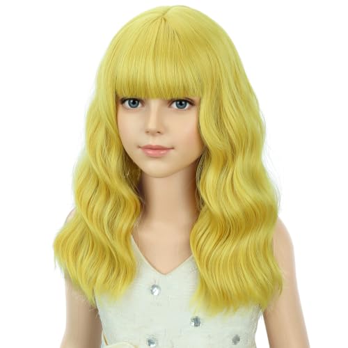 Image of PATTNIUM Girls Golden Blond Short Curly Wavy Wigs with Bangs Blond Shoulder Length Wavy Heat Resistant Synthetic Wig