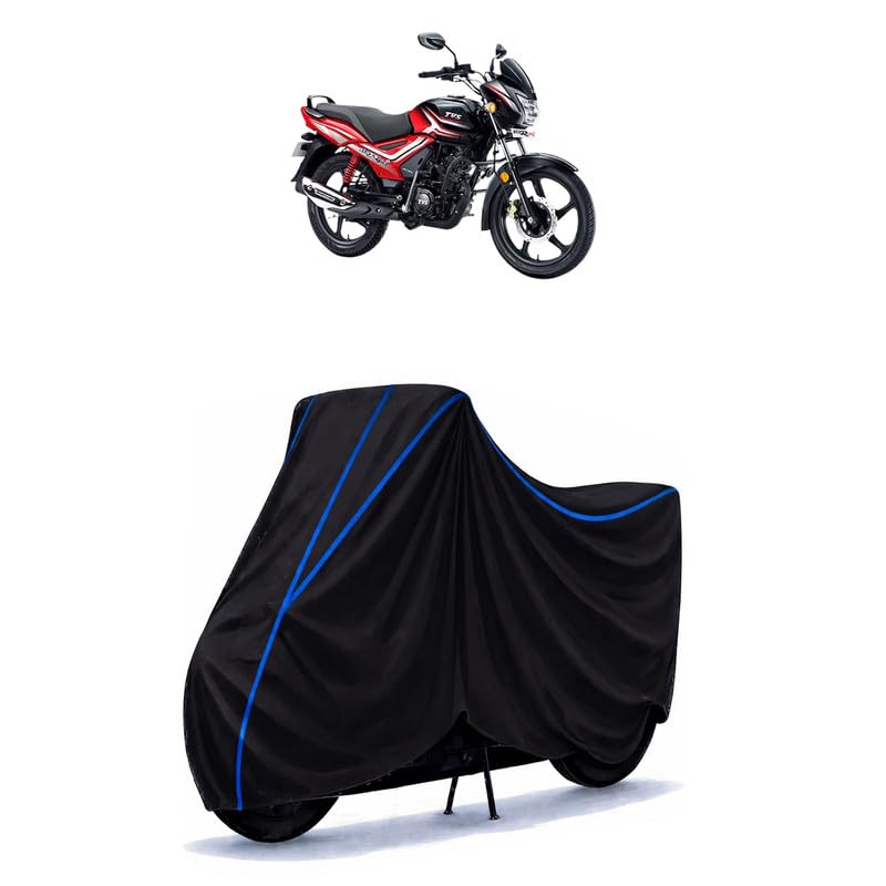 Image of TVS Star City Bike Cover Water Resistant Universal Motorcycle Rain | Heavy Duty UV Protection, Dust, Scratch Indoor Outdoor All Weather with Black Blue Piping Elastic