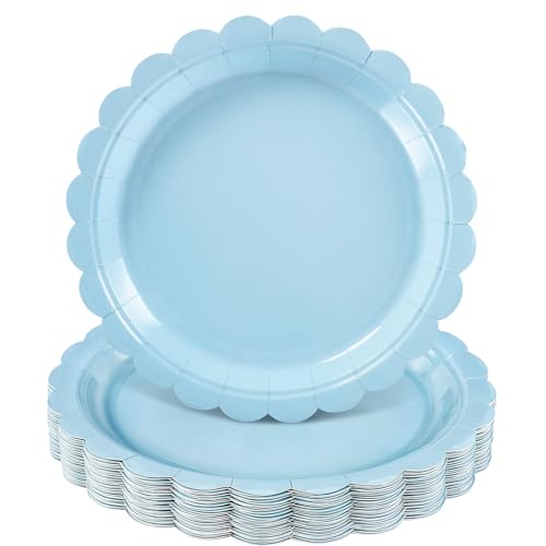 NatNarr 30 Stück Hellblaue Pappteller, 9 Inch Einweg Party Pappteller mit Wellenschliff, Babyblau Dessertteller für Geburtstag, Babyparty, Hochzeit