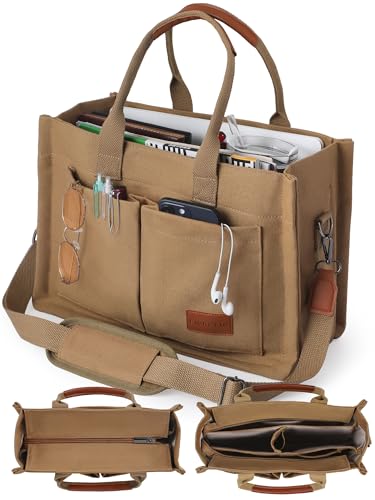 FIORETTO Canvas Tote Bag for Women with Zipper Closure & Individual Compartments for Work College, Crossbody Laptop Tote Purse Handbag with Detachable Strap & Bottom Support for Teacher & Nurse Brown