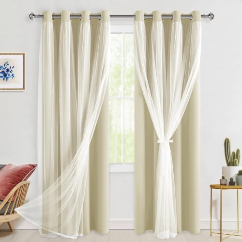 Hiasan Blackout Curtains with Sheer Overlay, Light Beige, 52W X 84L, 2pcs