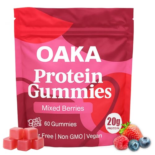 OAKA Protein Gummies, 20g Protein Snack, Protein Supplement for Women Men, Sugar-Free, Non-GMO, Vegan, Supports Daily Vitality & Nutrition, Mixed Berries Flavor, 60 Gummies