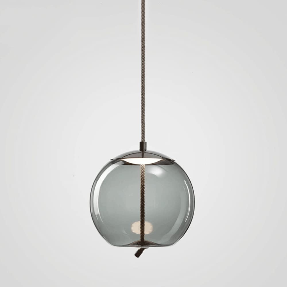 Lustre en verre LED moderne minimaliste gris fumé avec corde de chanvre