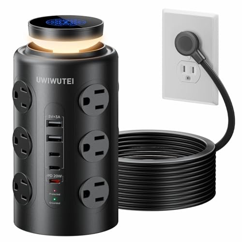 Image of Tower Power Strip with Night Light,PD20W USB C Power Strip Tower with Multiple Outlets, 12 Outlets,5 USB Ports (3 USB-C), 6FT Extension Cord Desk Charging Station for Home,Office,Dorm Essentials,Black