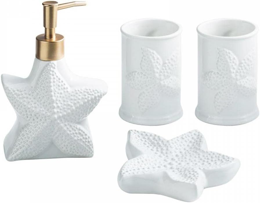 4 Pieces Ceramic Shell Bathroom Accessory Set Starfish