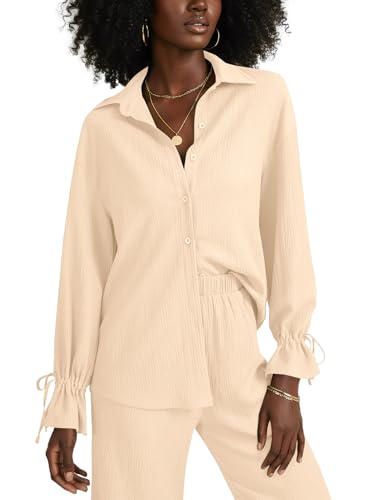 LYANER Women's 2 Piece Outfits Button Down Long Sleeve Shirt and Wide Leg Pants Set3