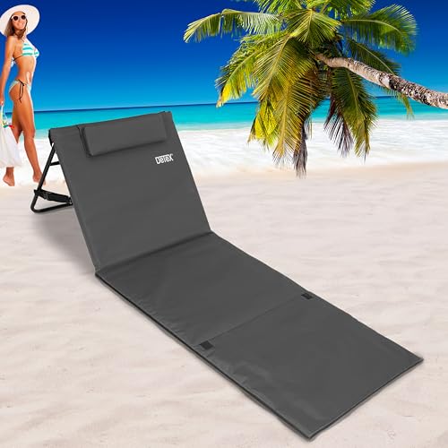 DETEX® 2X Strandmatte mit Rückenlehne Gepolstert Anthrazit Sonnenliege klappbar UV-beständig Tasche Reißverschluss Kissen Tragegurt Garten Camping Picknick Liegematte 158x56cm