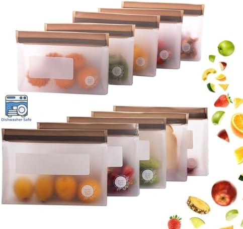 Reusable Food Storage Bags – 10-Pack Stand-Up, BPA-Free, Freezer, Dishwasher Safe, & Eco-Friendly – 5 L, 5 M Bags – Airtight Leakproof Sandwich, Snack, Travel & Make-Up baggies (Grey) - Thumbnail 4