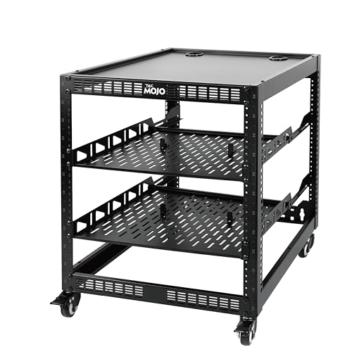 TECMOJO 12U Open Frame Network Rack for IT & AV Gear, 4-Post With Casters, Mobile With 2 PCS 1U Server Shelf & Mounting Hardware, for 19' Network, Audio and Video Device