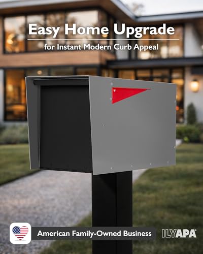 Image of Ilyapa Modern Mailbox for Post Mount - Gray with Black Door Powder Coated Steel, Waterproof Letter Box for Parcels, with Recessed Magnetic Close Door