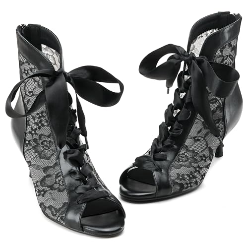 Women's Mesh Lace Booties Lace Up Ankle Boots Wedding Shoes Open Toe Kitten Heels Dressy Birthday Party4