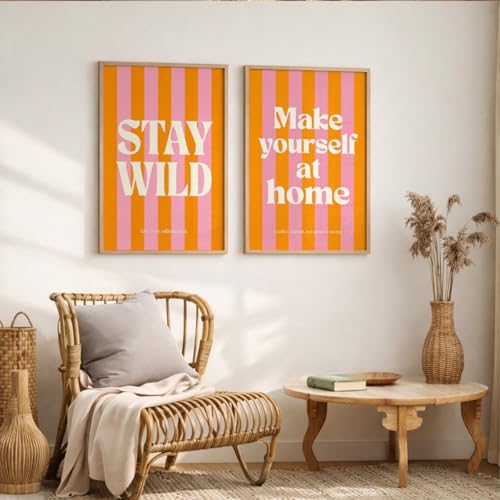Image of Suneree Stay Wild Make Yourself At Home Wall Art Set of 2 Framed Paintings | Orange Pink Retro Typography Poster | Bedroom Living Room Home Decor (Art 8, 13x19 Inches)