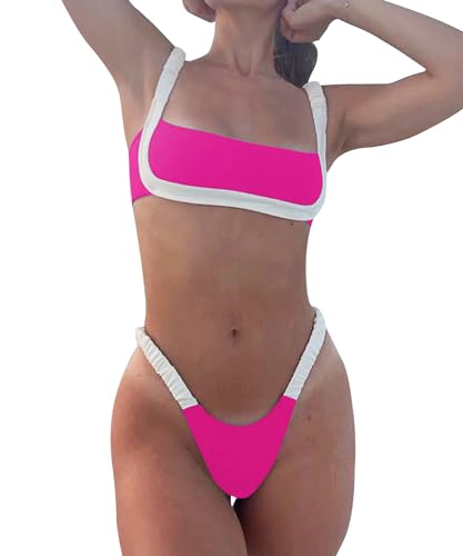 WODECASA Conjunto de bikini de dos piezas para mujer, cuello cuadrado, corte alto, sexy, traje de baño de dos piezas, 151 rosa intenso, XL
