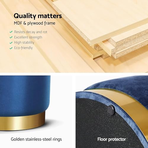 Image of ETIQUETTE ART Upholstered Velvet Round Dual Strip Ottoman Office Stool Foot Rest Stool Linen Fabric Padded Seat Pouf Ottoman with Round Shape for Living Room (Blue)