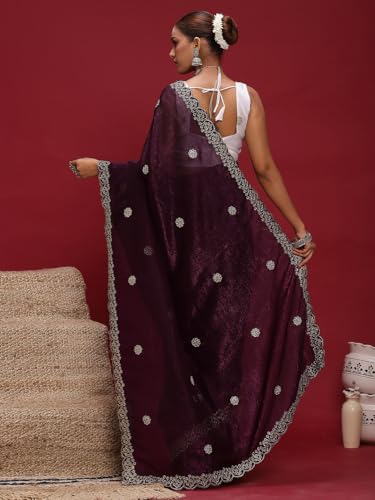 Image of AKHILAM Women's Tissue Embellished Saree With Unstitched Blouse Piece (RANI4701 RN Parent)