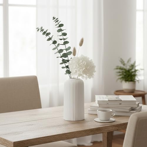 Image of KREATIVE ART'S Ribbed Pipe Ceramic Vase for Flowers, Pampas Grass | Decorative Home & Office Centerpiece Gift - No Flowers- (White, 6 Inch)
