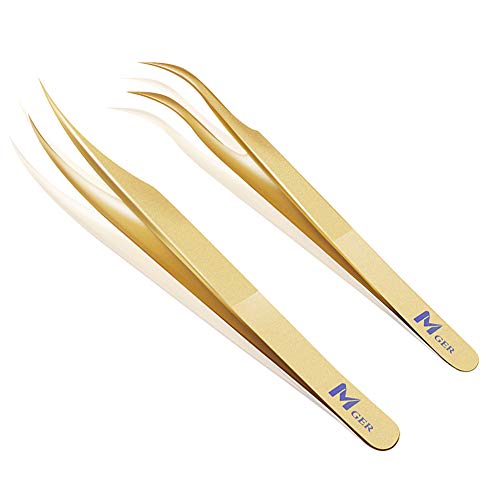 Lash Tweezers for Eyelash Extension, Hand Calibrated Dolphin-shaped and Curved Tip Eyelash Tweezers eyelash tweezers, False Lash Application Tools, Lash extension tweezers gold (Pack of 2, Gold)