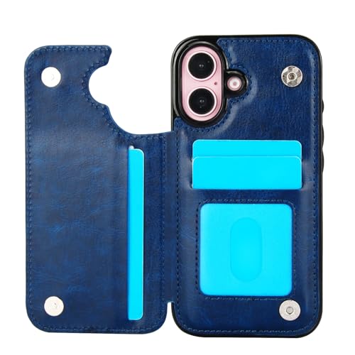 for iPhone 16 Case with Credit Card Holder,RFID Blocking,PU Premium Leather Double Magnetic Clasp Kickstand Heavy Duty Protective Cover.(Blue) Blue iPhone 16