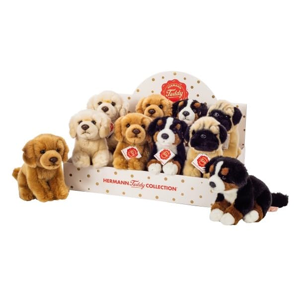 Teddy Hermann 91952 Hund sitzend 4-Fach sort. 15 cm im Display, Kuscheltier, Plüschtier mit recycelter Füllung