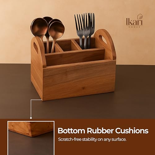 Image of Ikari Homes Premium Cutlery Stand I Boho Wooden Caddy I Spoon knife Fork Tissue Holder Stand I Cutlery Stand I Premium Acacia Wood I Bigger size with 4 Multi compartments - 8 x6 inches