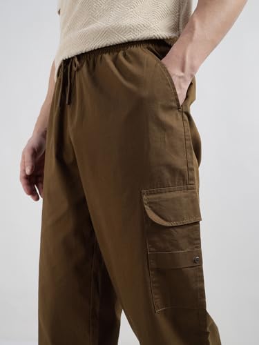 Image of Veirdo Pure Cotton Baggy Fit Regular Length Mid Rise 4 Pocket Cargos for Men (Colors: Black, Olive, Grey, Brown & Navy)