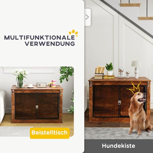 PawHut Hundekäfig Möbel, Hundebox für Zuhause, für große Hunde unter 30 kg, Hundehaus mit 2 verschließbaren Türen, Stahl, 98 x 60 x 65,5 cm, Rustikales Braun