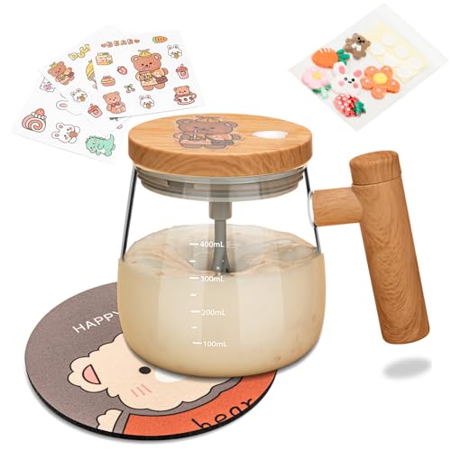 ZRHXG Self Stirring Mug With Lid, Self Mixing Cup, Electric High Speed Blender Mug, 400ml High Borosilicate Glass Mug Home Office for Coffee, Milk, Protein (Wood grain)