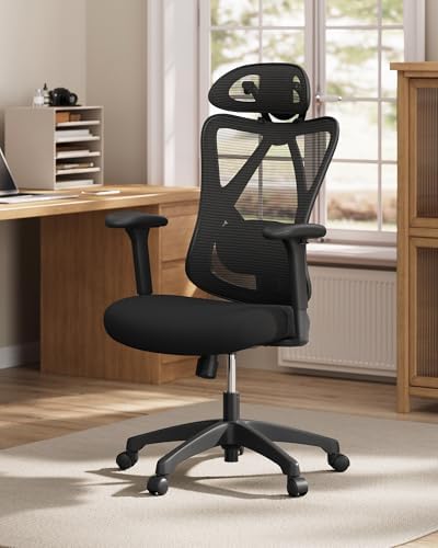 Bild 1 - SONGMICS Ergonomischer Bürostuhl, Computerstuhl, Mesh-Stuhl, Lendenkissen und Kopfstütze verstellbar, maximale Belastung: 150 kg, höhenverstellbar, Tintenschwarz, OBN063B01